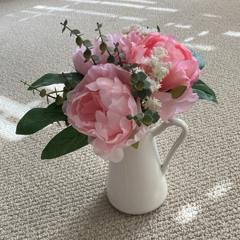 IKEA Faux Pink Flower Bouquet with Farmstyle Pitcher Vase Cream Center Piece